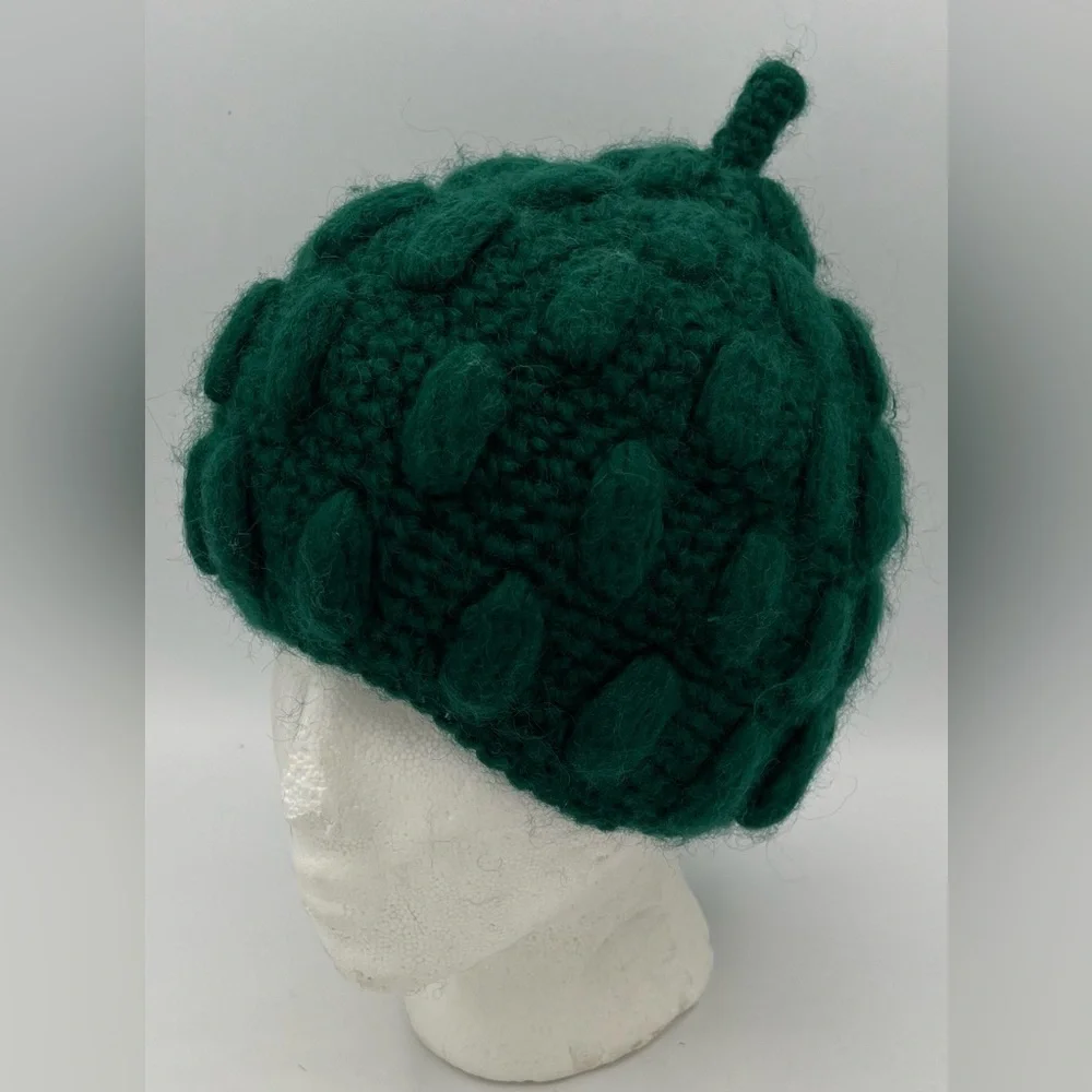 Vintage Italian Wool Green Chunky Knit Winter Fall Beanie Hat Cottagecore Knobby - Picture 4 of 15